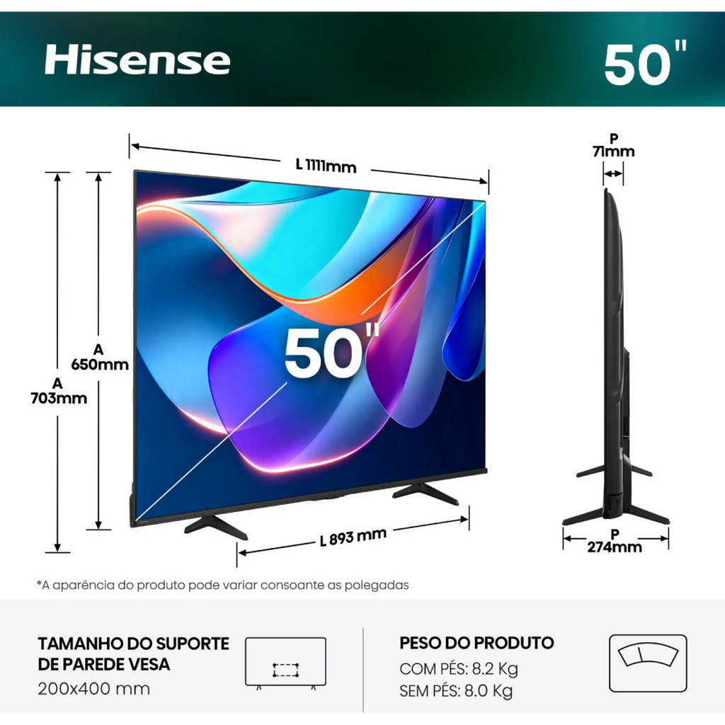 TV LED 50" - HISENSE 50A6S, UHD 4K